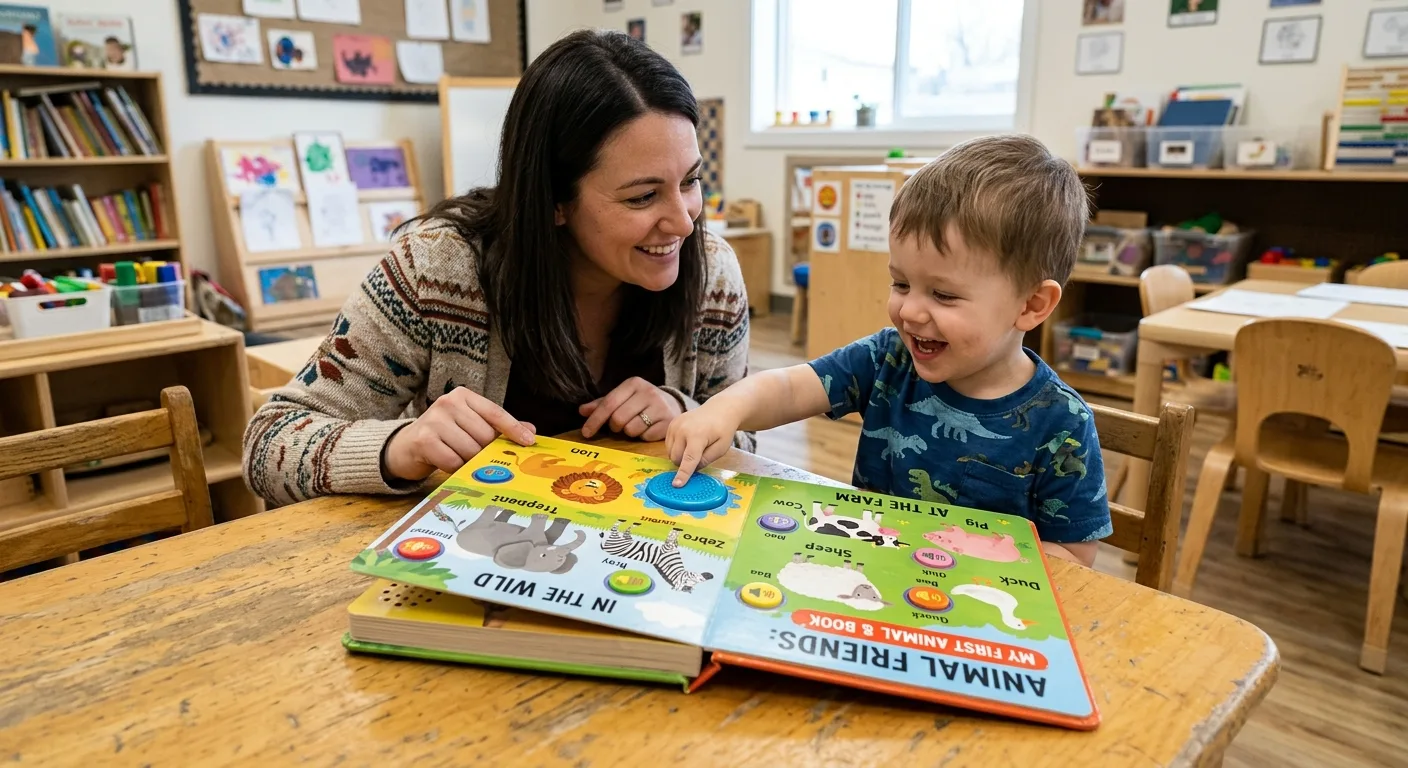 Caregiver and child using an educational sound book
