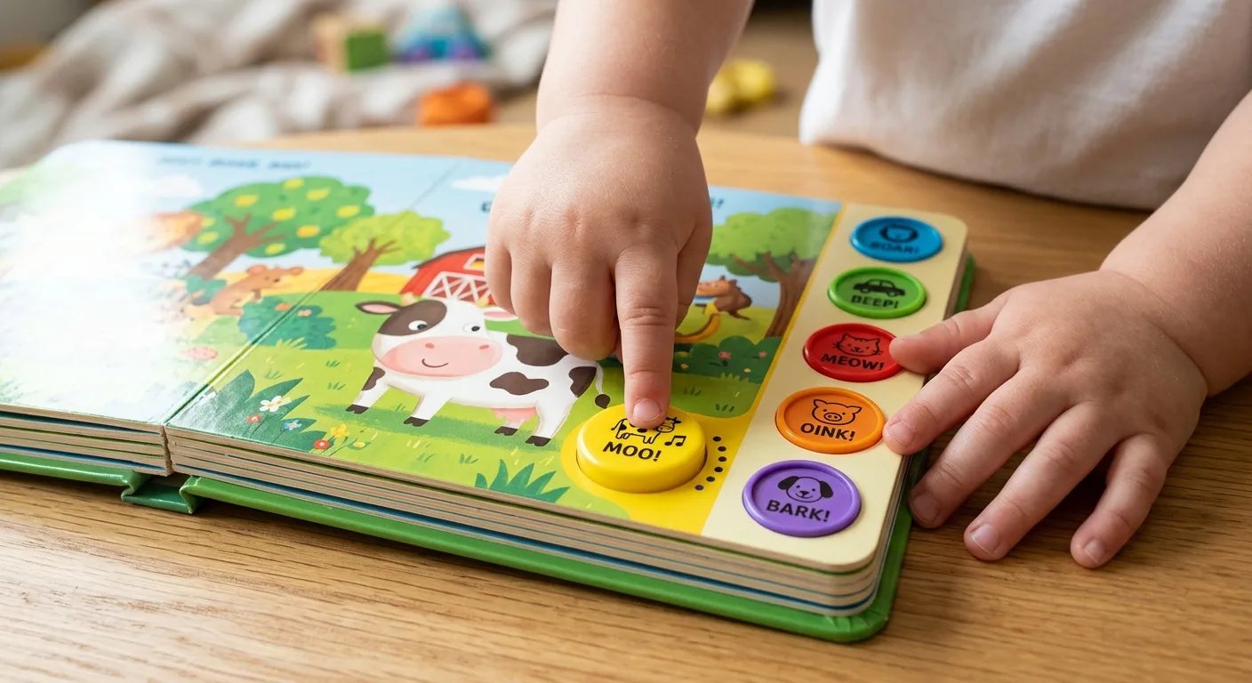 Child pressing interactive buttons on a sound board book