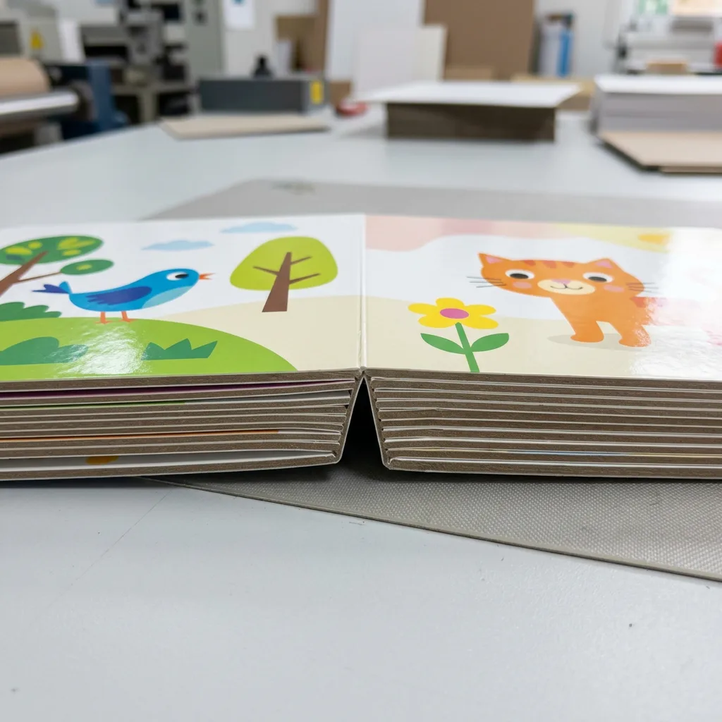 Close-up of rigid laminated board book page construction