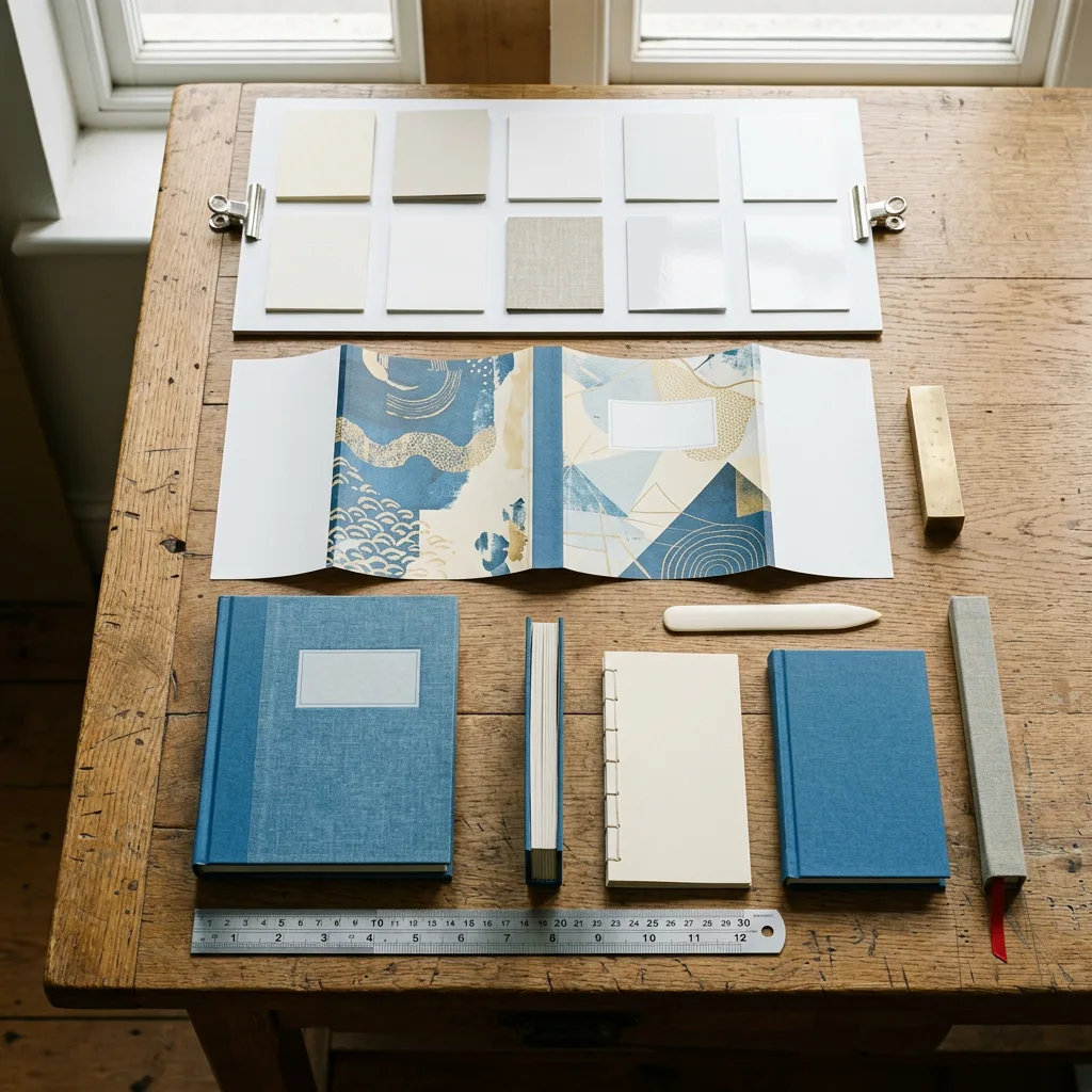 Hardcover book samples and materials used for cover selection