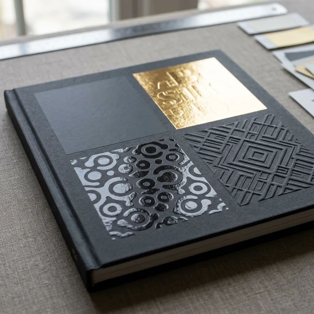Sample hardcover cover surfaces with different finishing effects