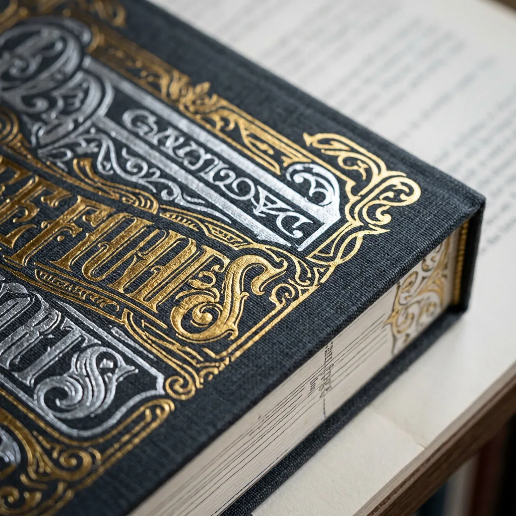 Metallic foil stamping on a hardcover book cover