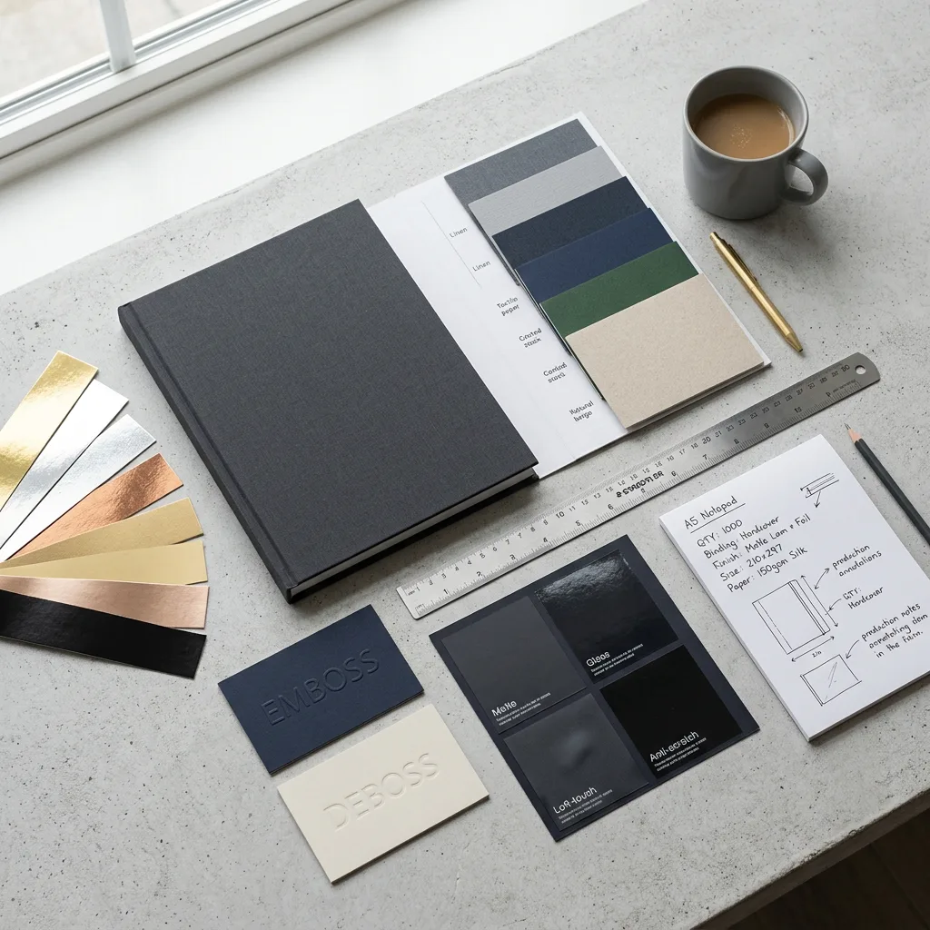 Hardcover cover finish samples prepared for print specification review