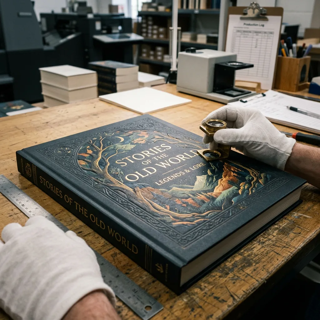 Inspecting print artwork and finishing on a hardcover book cover