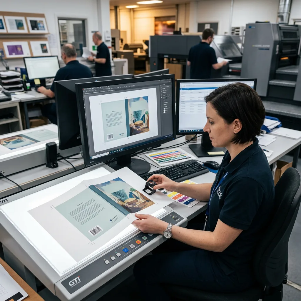 Preflight review of a hardcover book cover proof and PDF