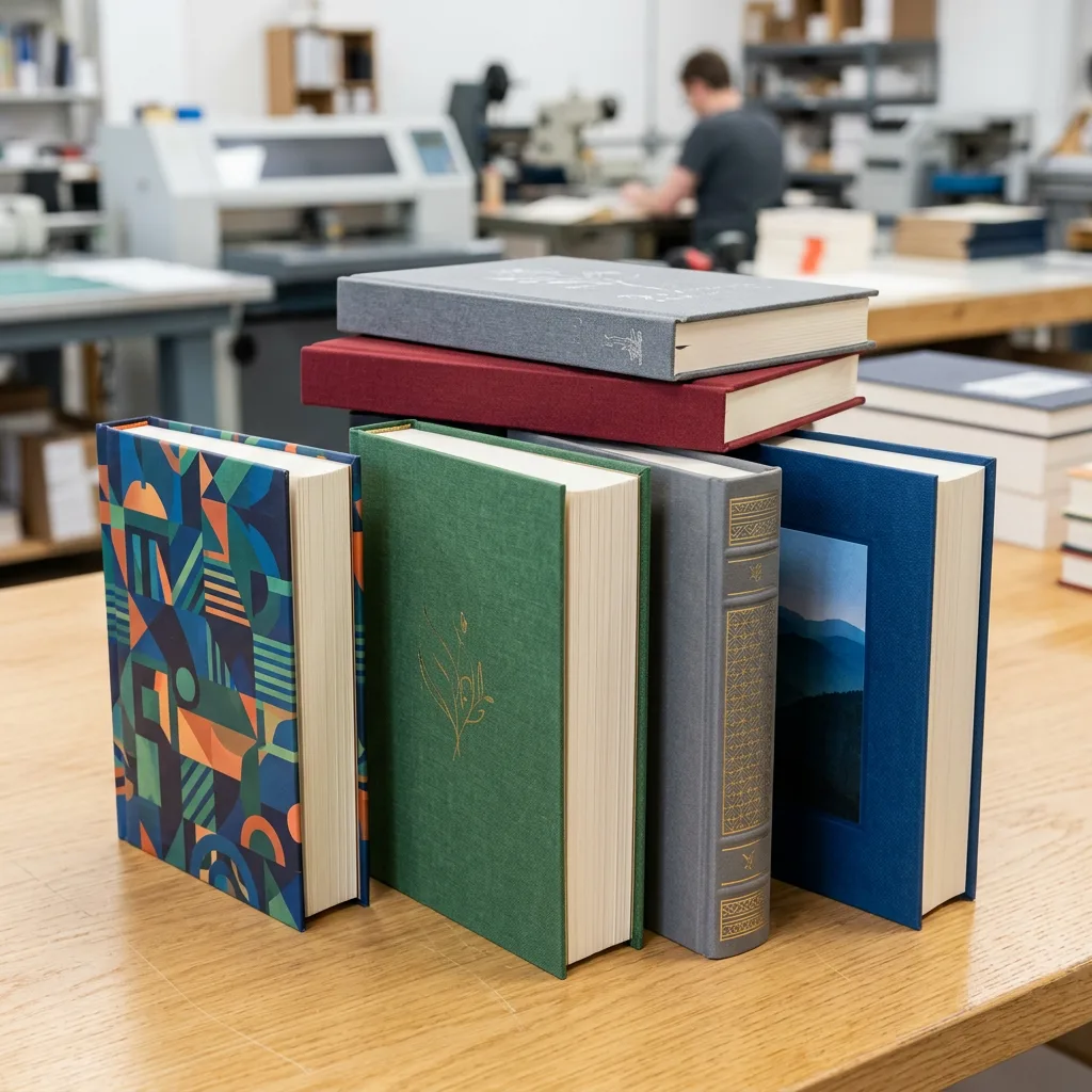 Finished custom hardcover books with different cover materials on a print studio table