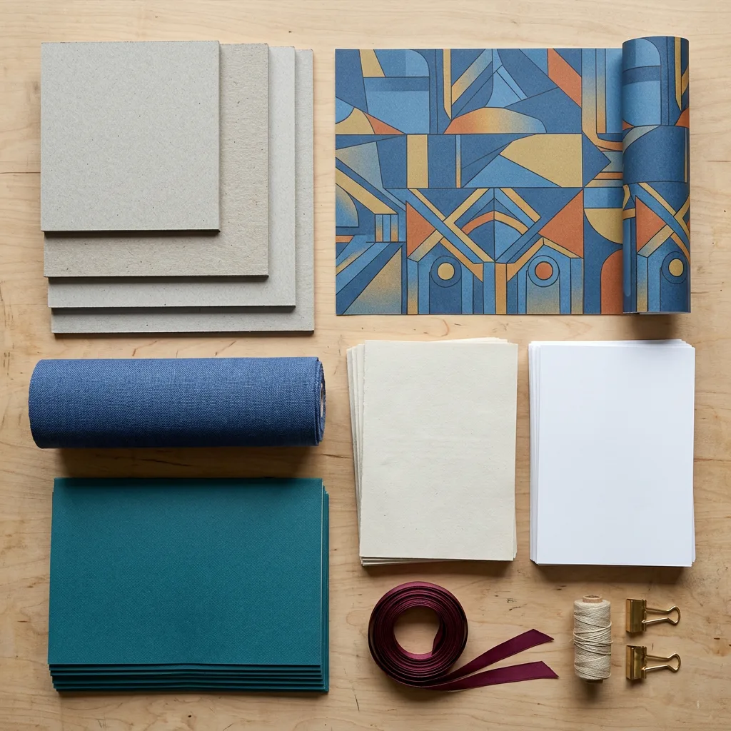 Hardcover book board, cover wraps and interior paper samples