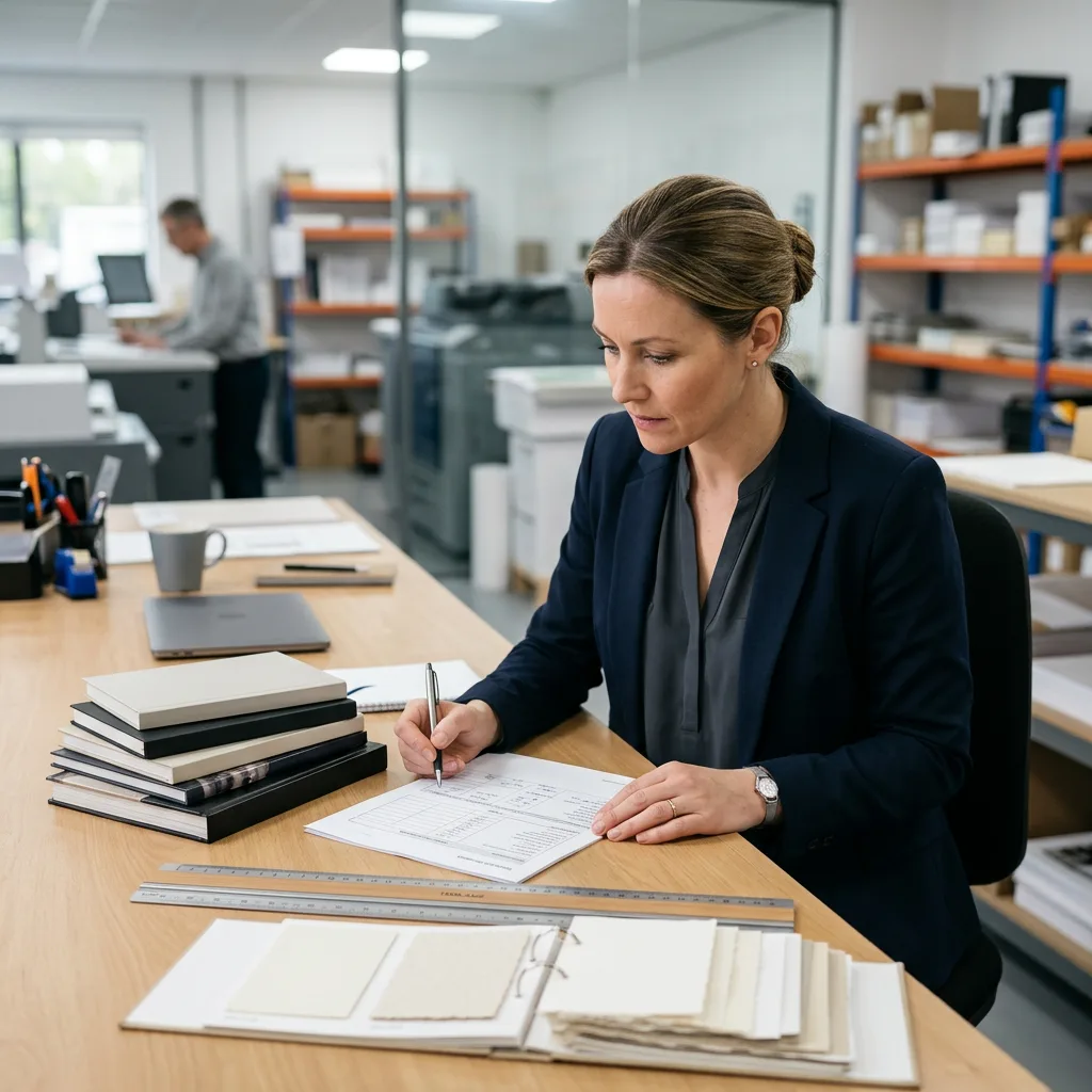 Book printing specifications including format, paper and binding reviewed by a buyer