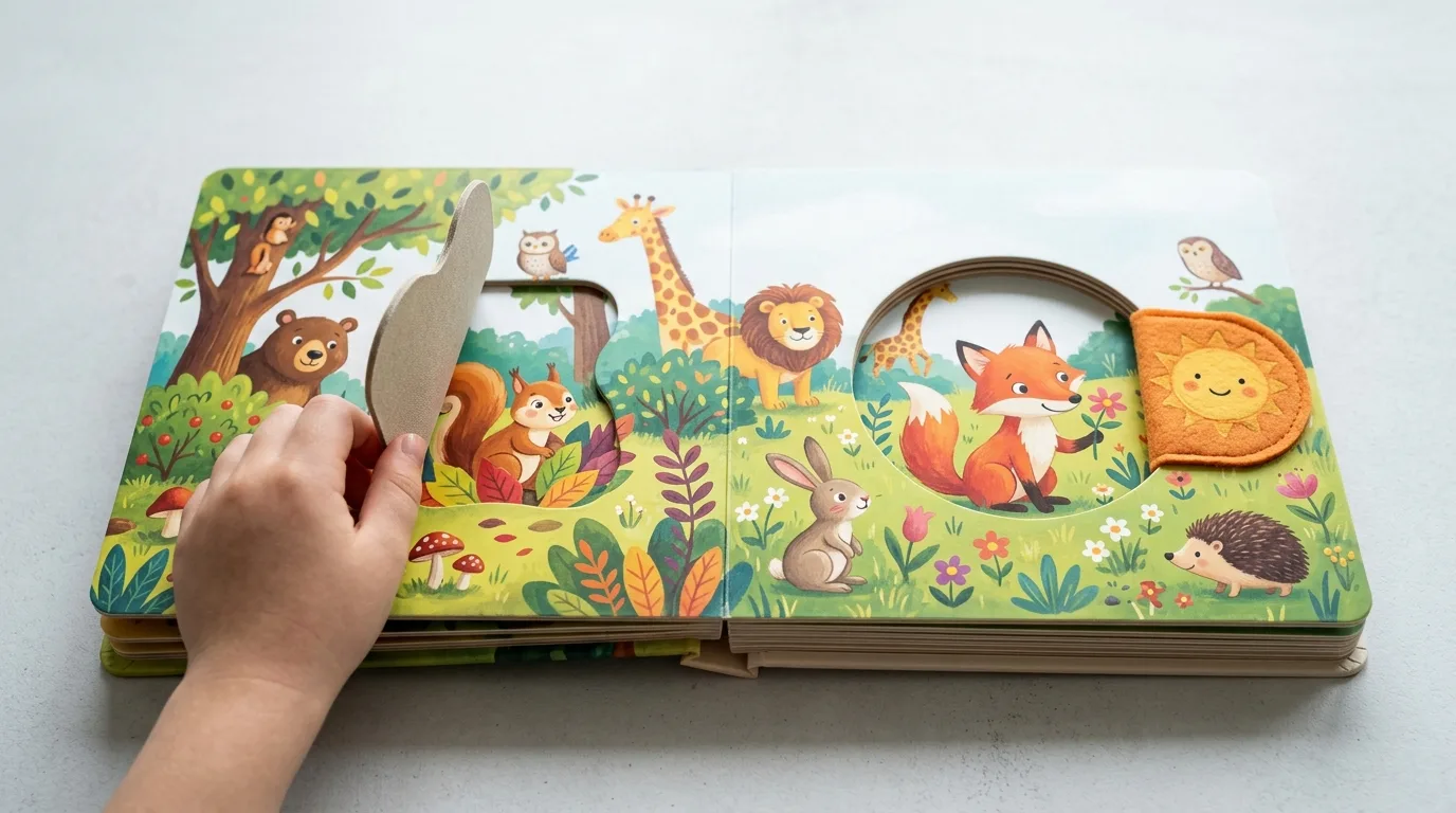 Open interactive board book with lift-the-flap, die-cut window and tactile feature