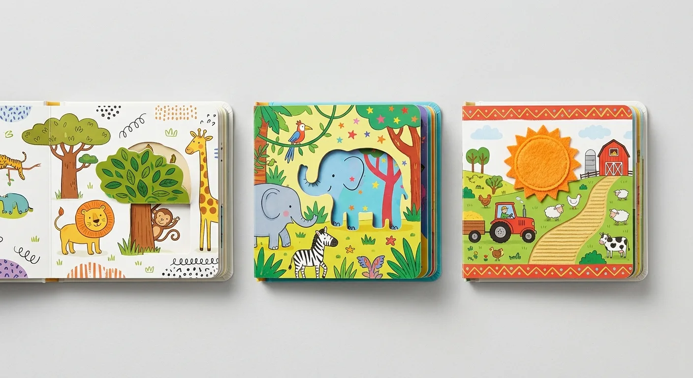Examples of lift-the-flap, die-cut and touch-and-feel board book features