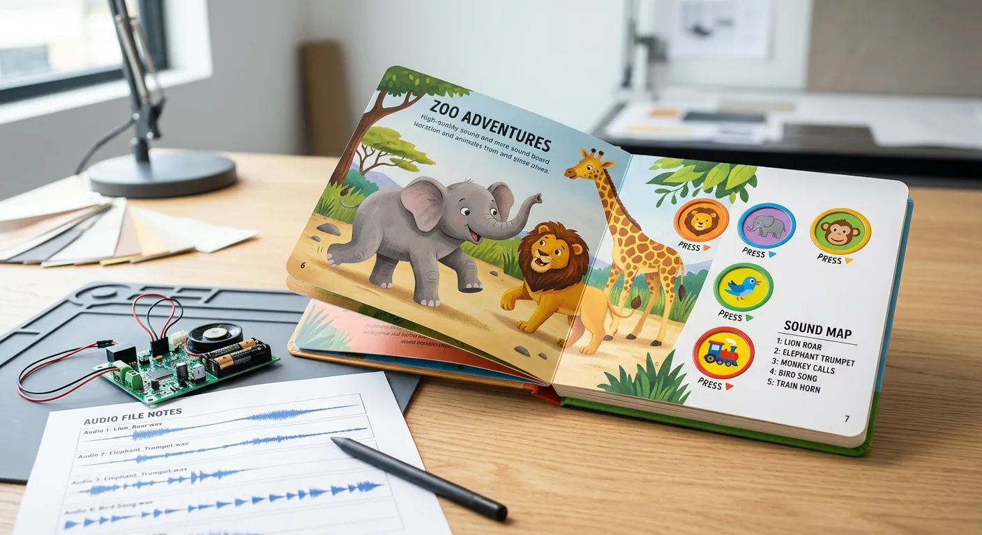 Open children's sound book with planned interactive buttons and a production layout map