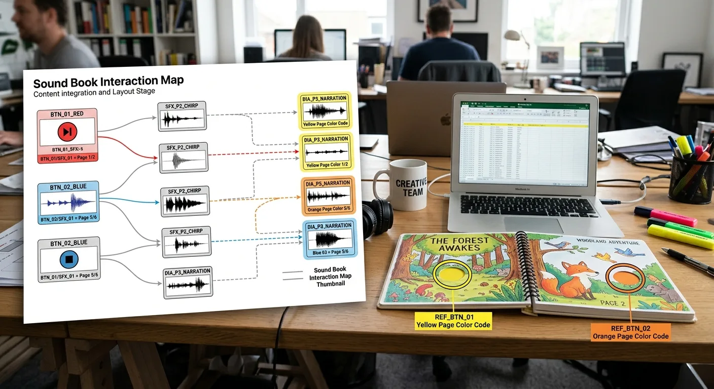 Interaction map linking sound book buttons, pages and audio files