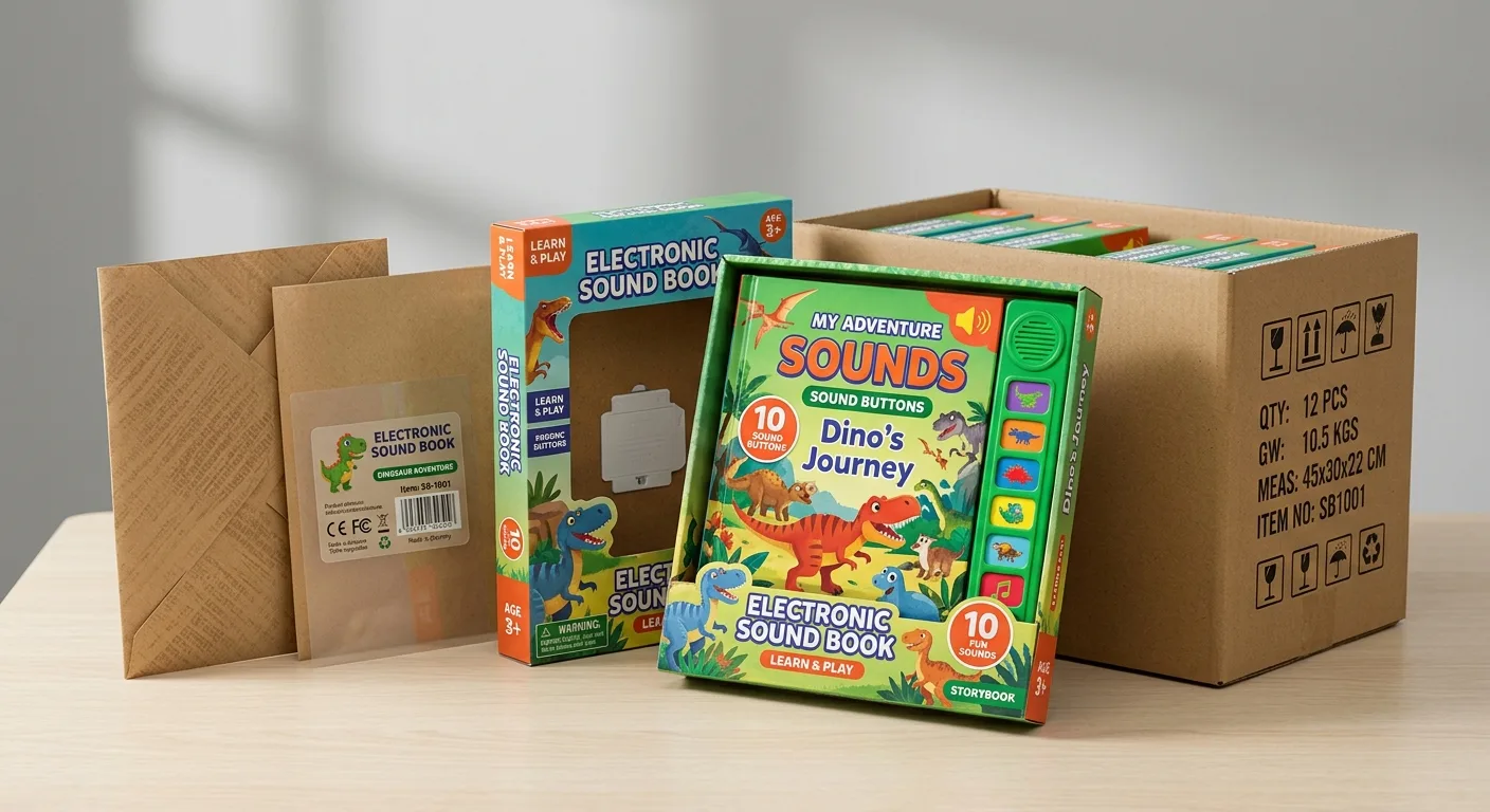 Children's sound book in custom retail packaging beside a protective shipping carton
