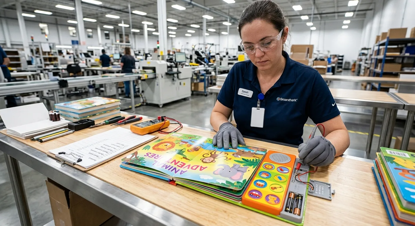 Quality inspector testing a children's sound book before mass production
