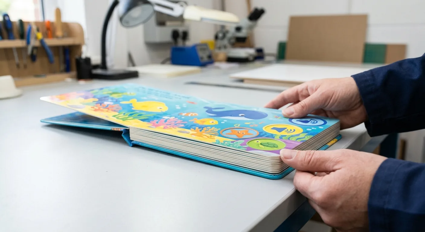 Inspector checking printed pages and board construction of a sound book