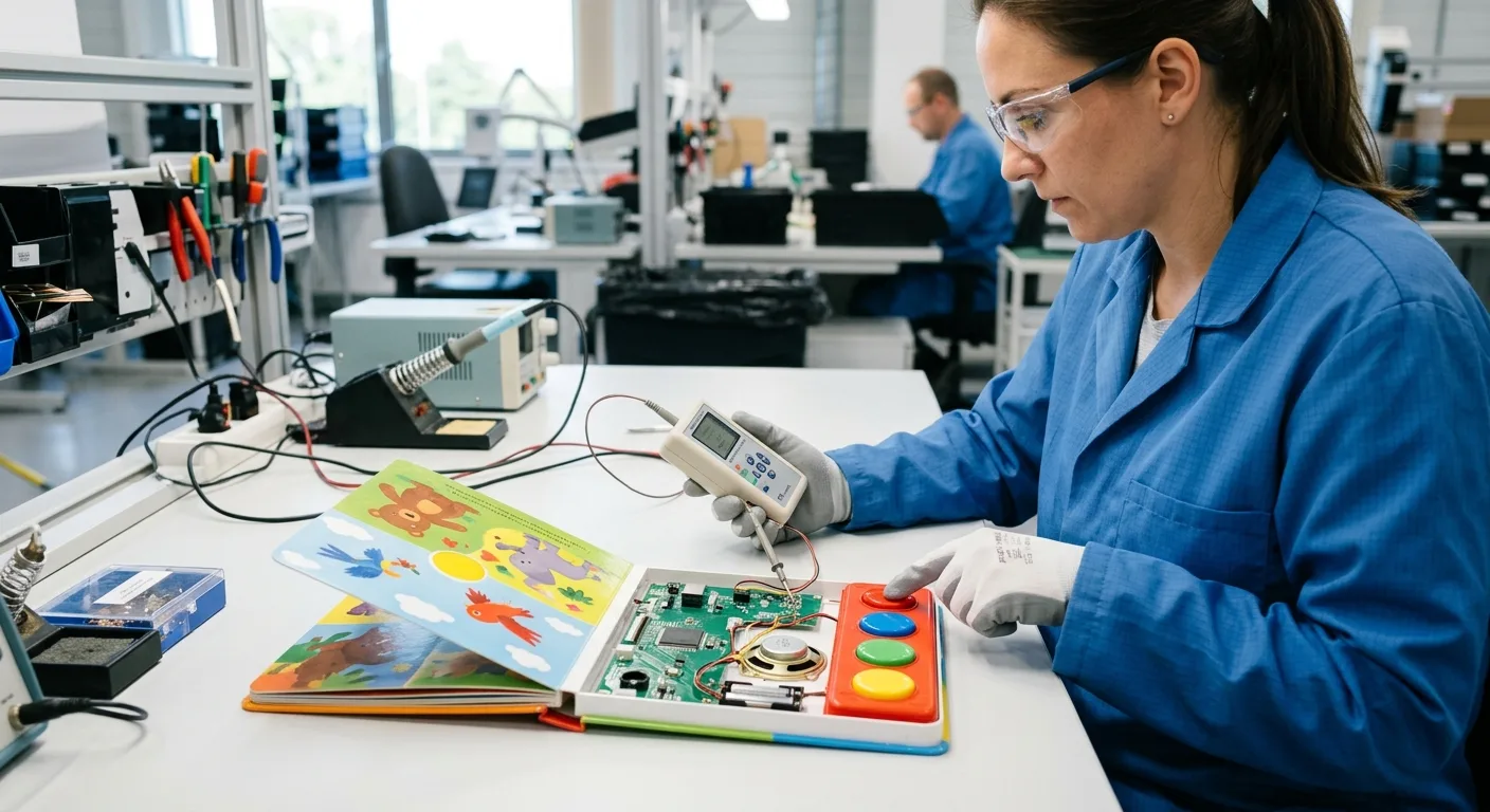 Technician testing sound book buttons and audio output
