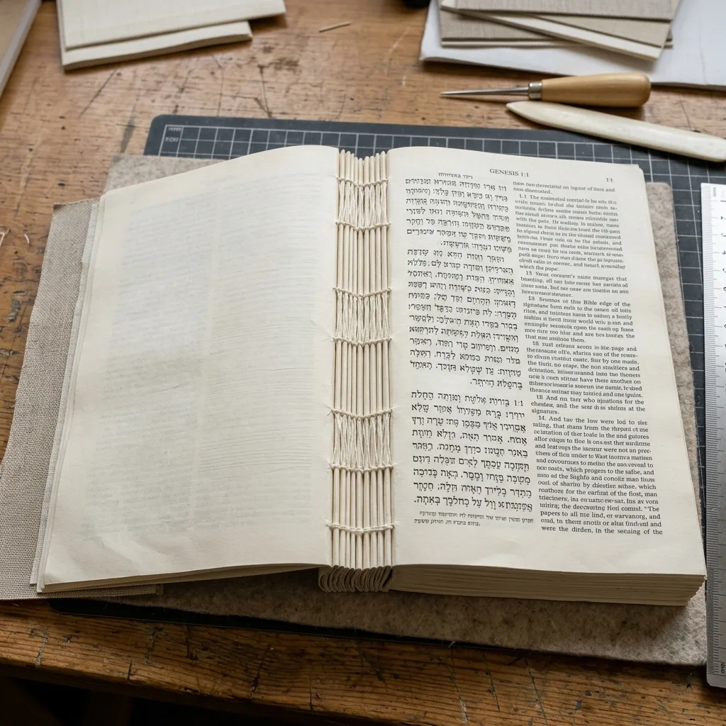 Close-up of folded signatures and thread in Smyth sewn Bible binding