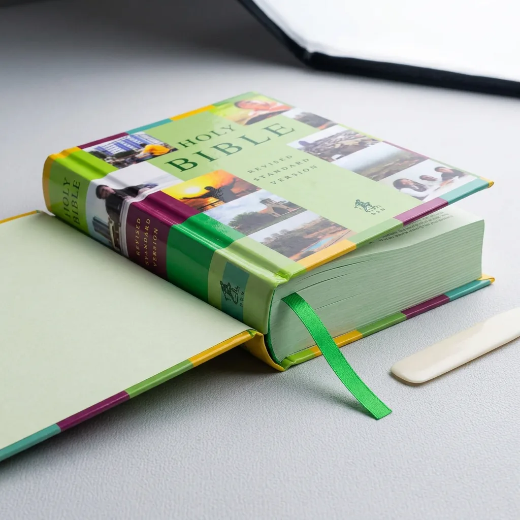 Round-spine casebound Bible showing its rigid cover, hinge, endpapers, and ribbon