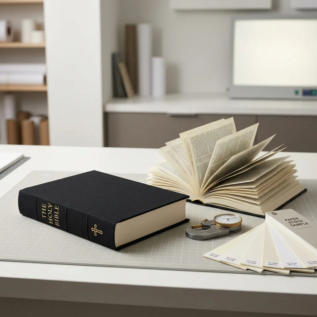 Hardcover Bible beside thin Bible paper samples and a paper thickness gauge