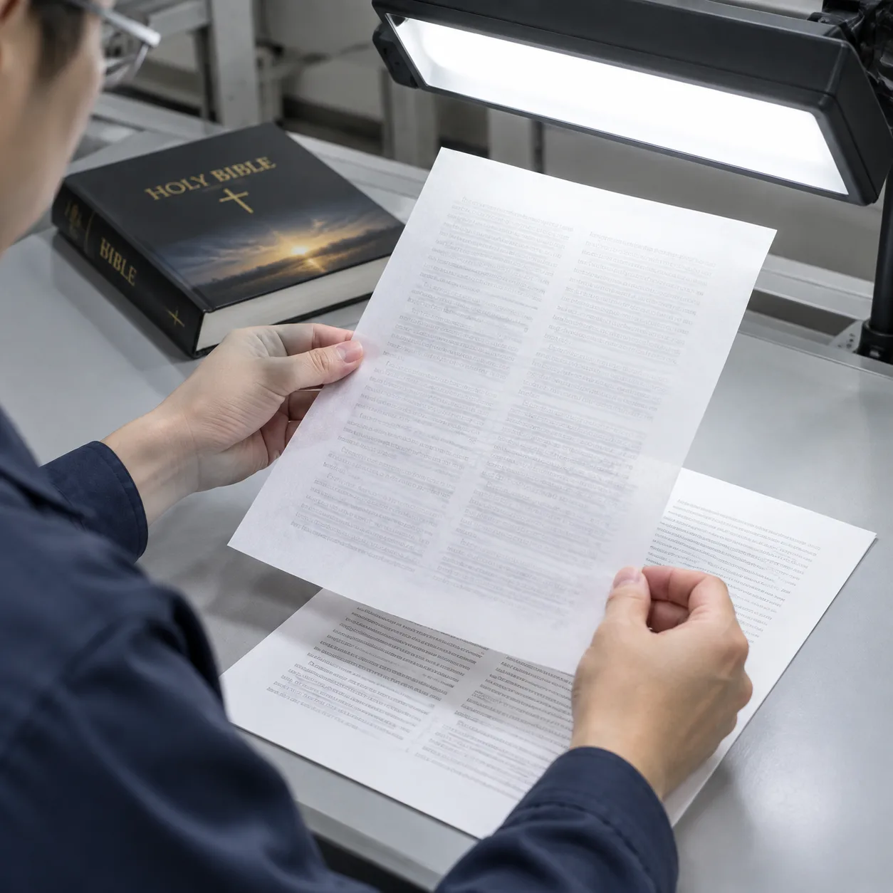 Technician inspecting Bible paper opacity and reverse-side show-through