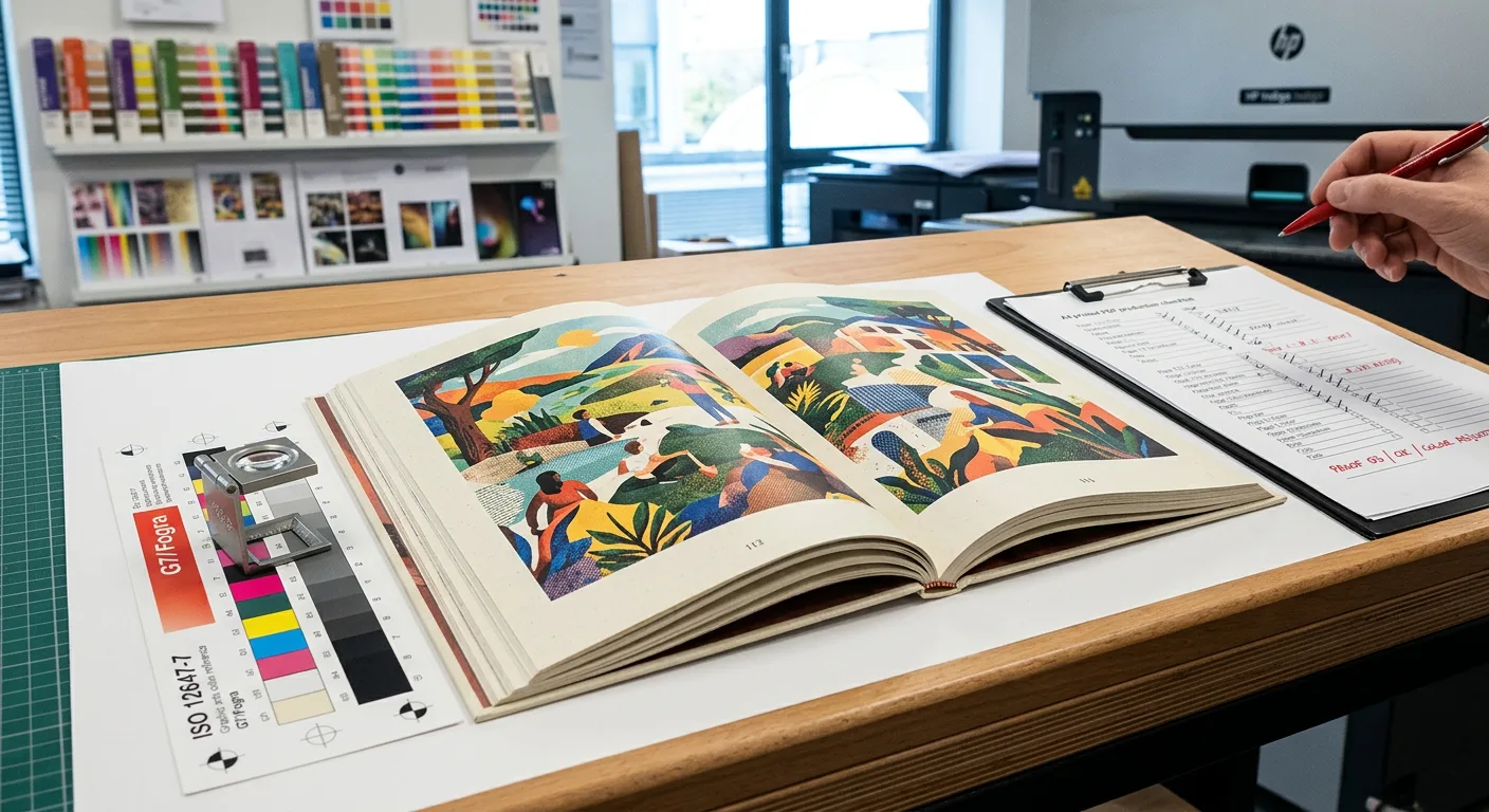 Printed book proof reviewed with colour references and a checklist