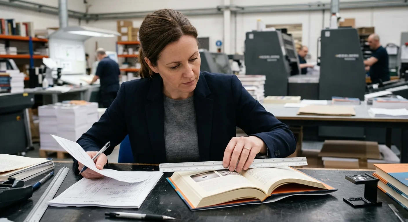 Buyer checking trim, alignment and finishing on a book production sample