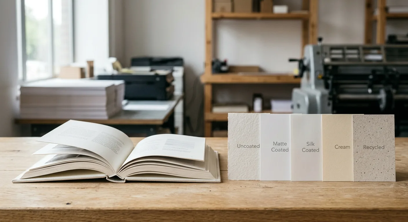 Book paper samples showing different paper types and finishes