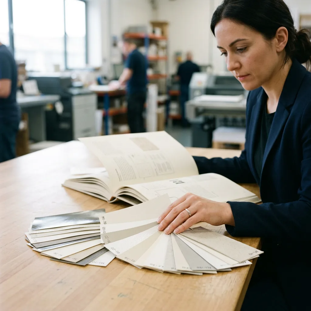 Buyer reviewing paper swatches for a custom book project
