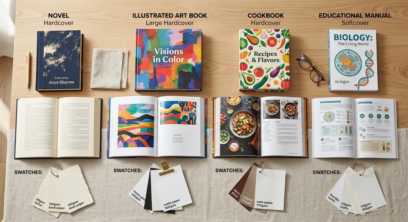 Books with different content types requiring different paper choices