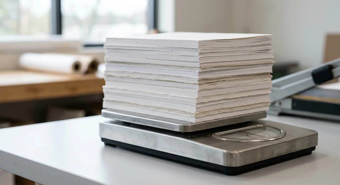 Stacked paper samples illustrating book paper weight and thickness