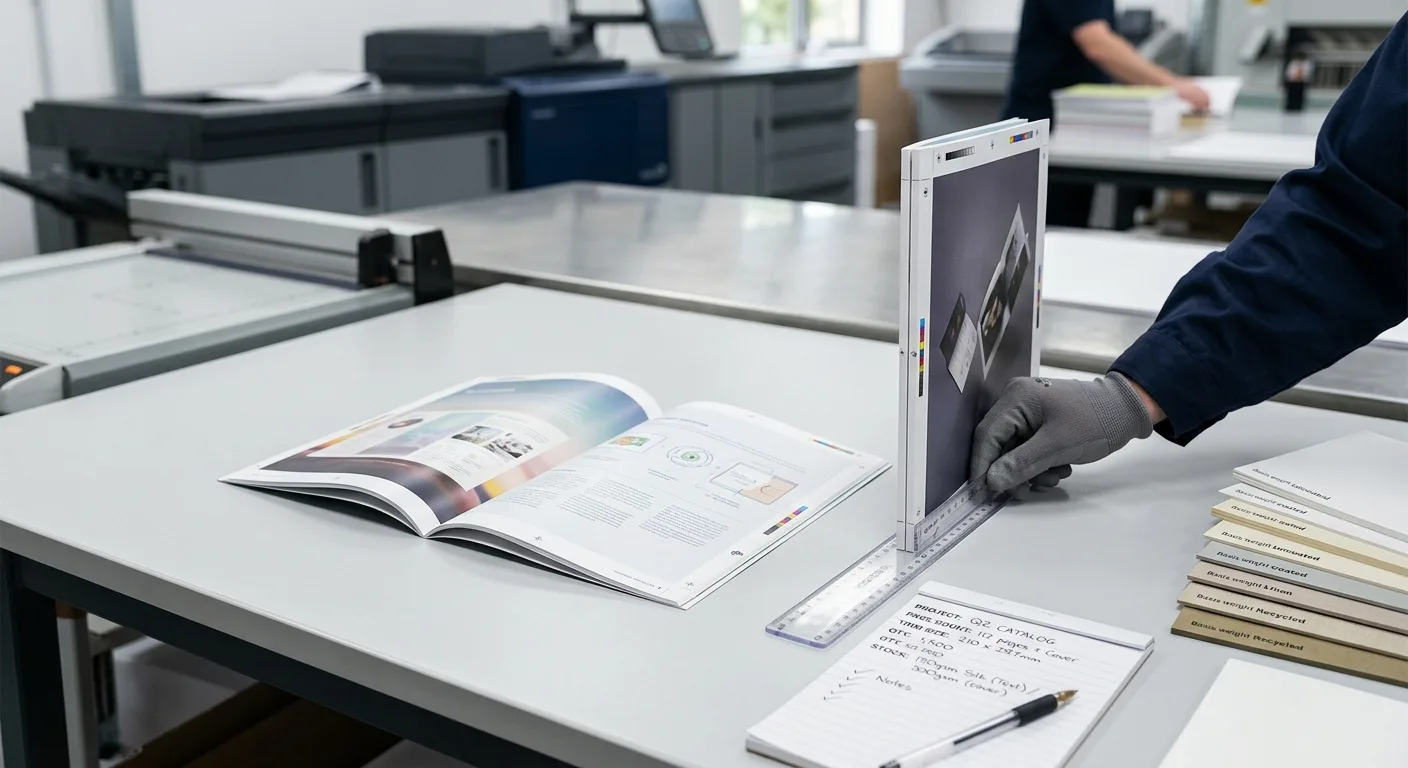 Printed booklet beside a ruler and page planning notes for calculating page count and spine width
