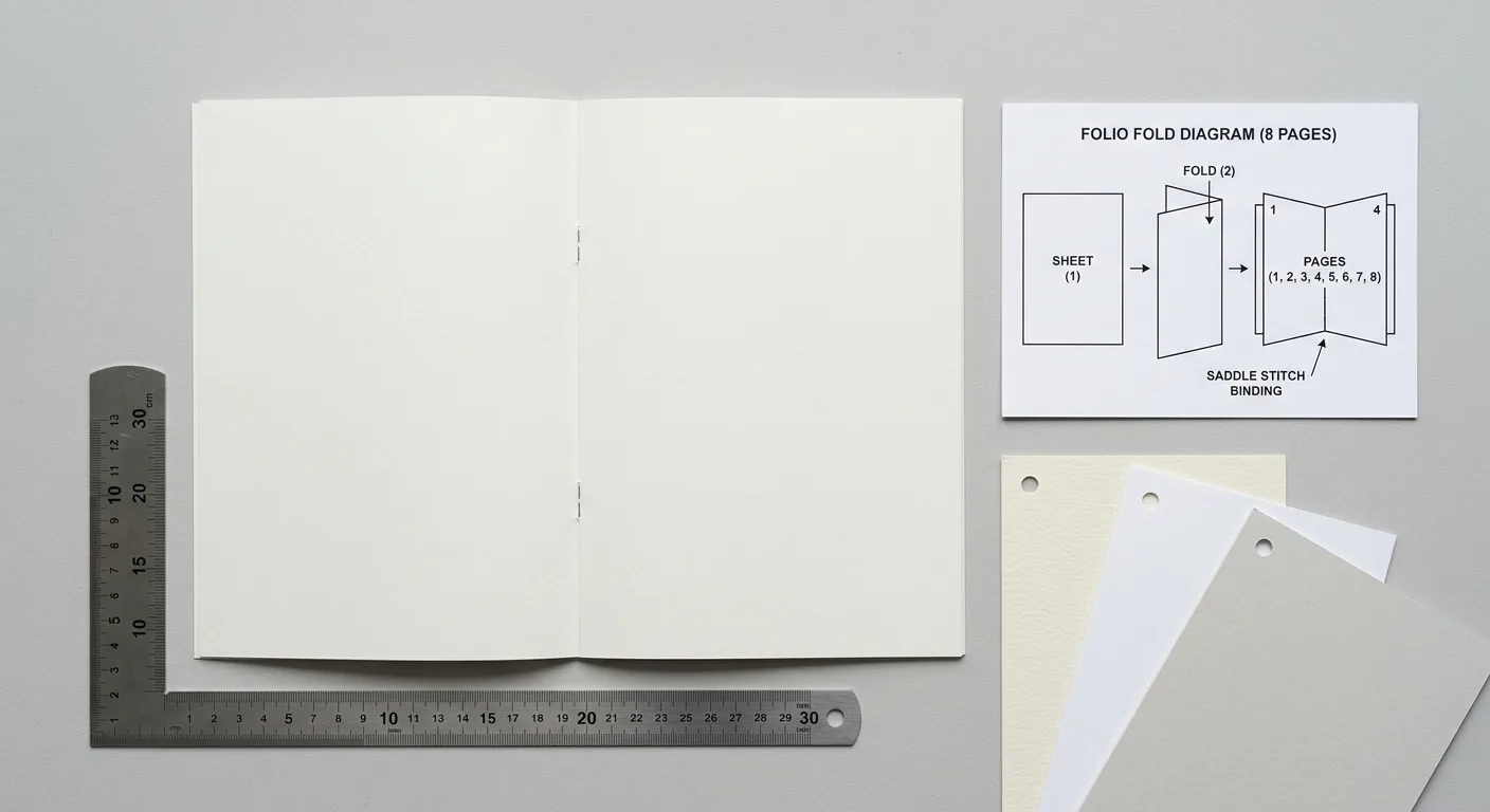 Diagram and paper samples illustrating how folded sheets create booklet pages