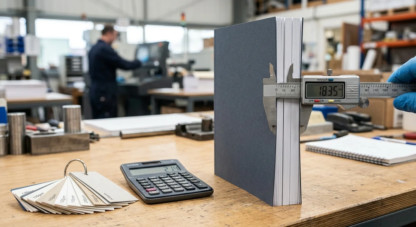 Caliper measuring the spine of a perfect-bound booklet