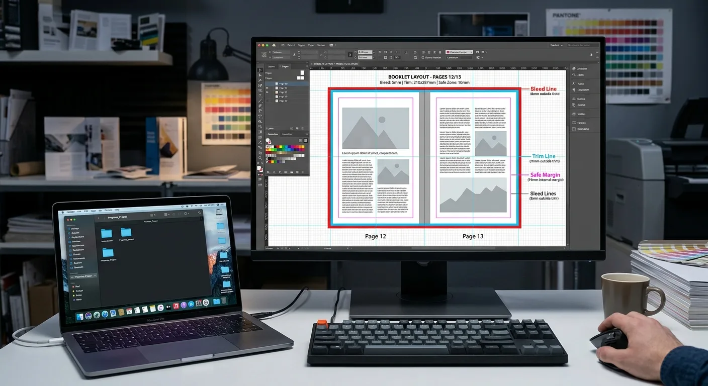 Prepress layout showing booklet trim, bleed, and safe print areas