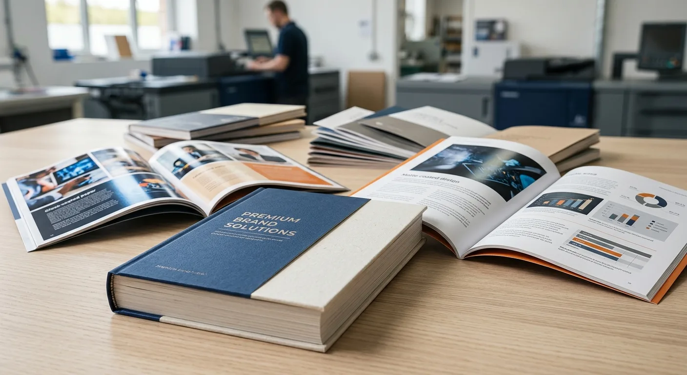Custom booklets showing different paper weights and finishes