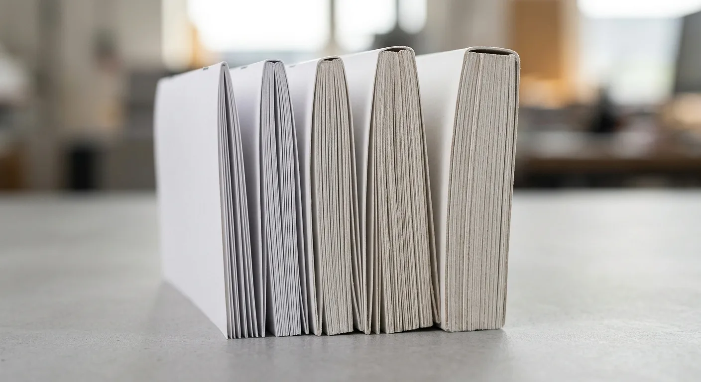 Booklet paper samples arranged by paper weight