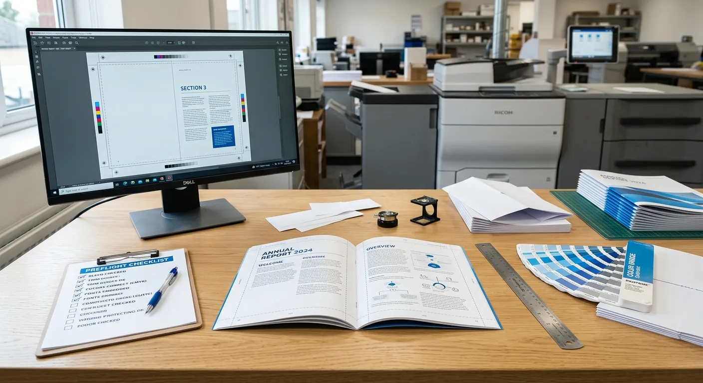 Print-ready saddle stitch booklet file setup with bleed guides and PDF preflight checklist
