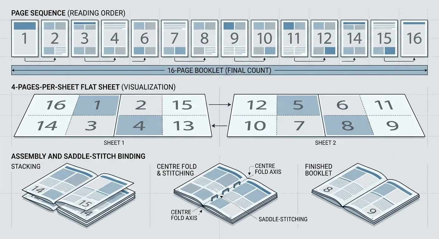 Saddle stitch booklet page order and folded sheet layout