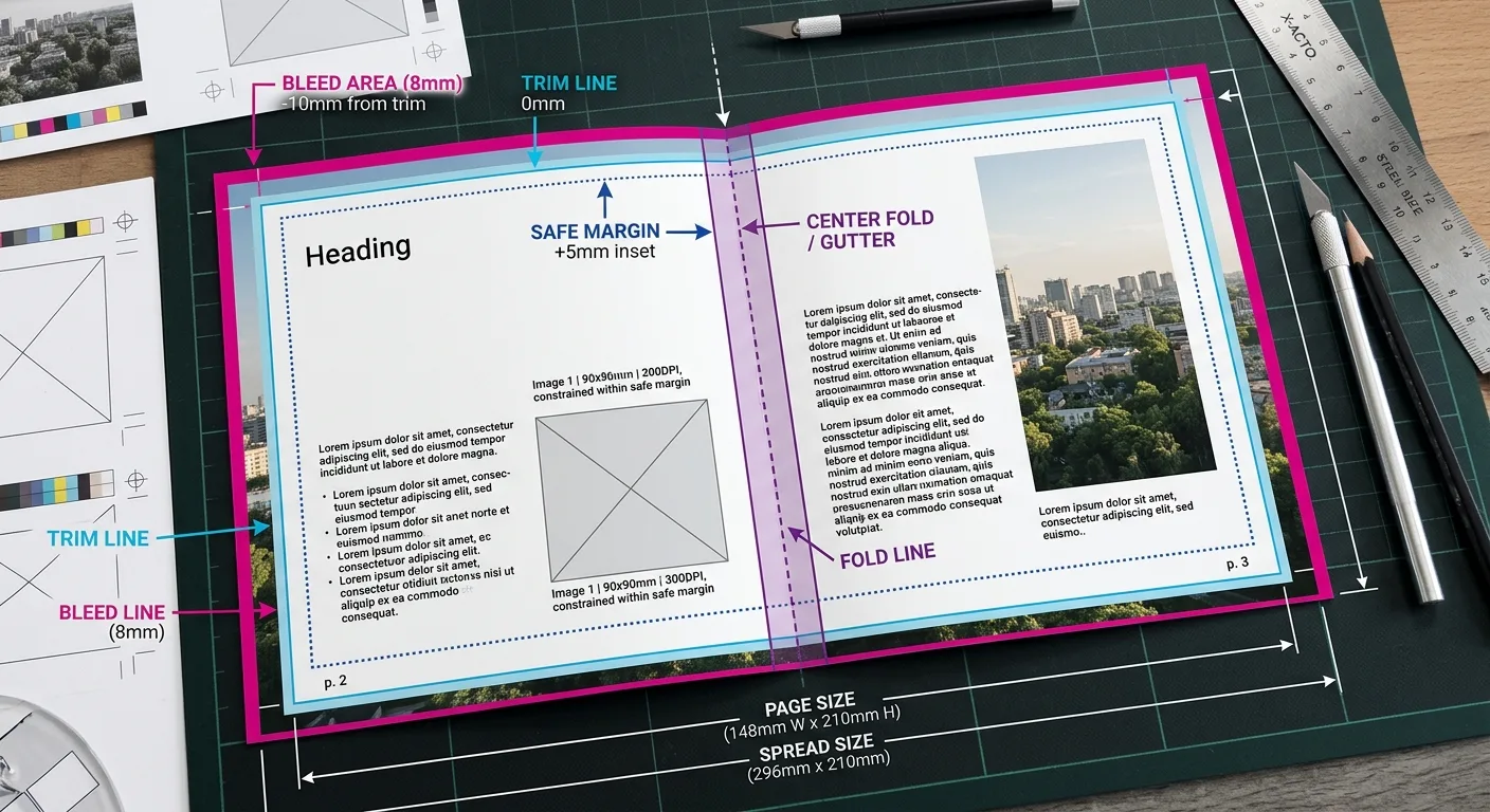 Booklet bleed and safe margin guides around the trim and centre fold