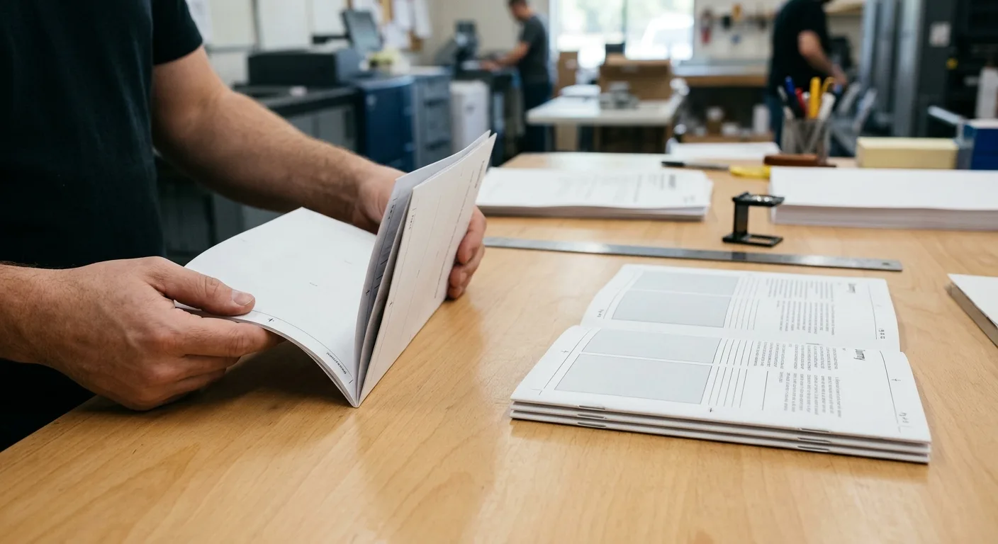 Physical paper proof being folded to check saddle stitch booklet page order