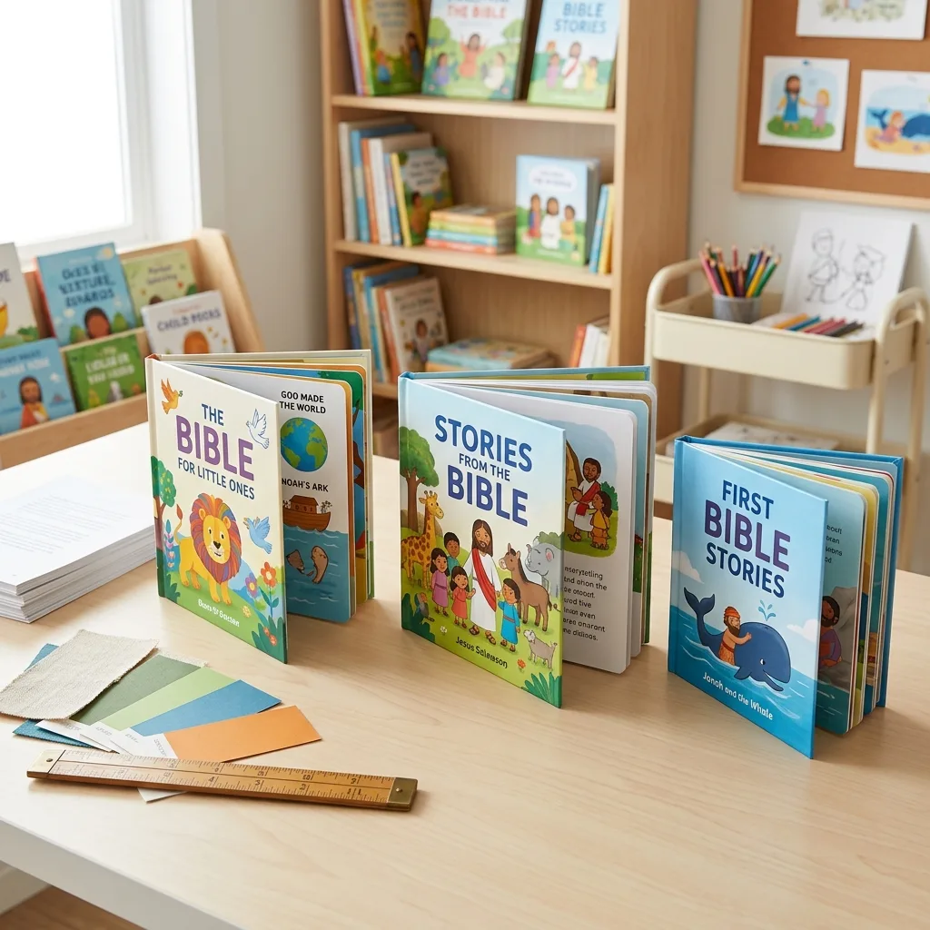 Custom children's Bible books displayed with paper samples for printing specification planning