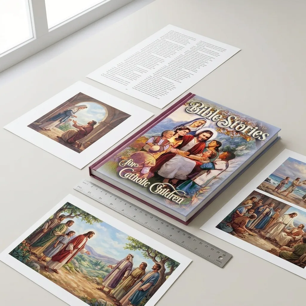 Children's Bible book beside square, portrait, and landscape format samples