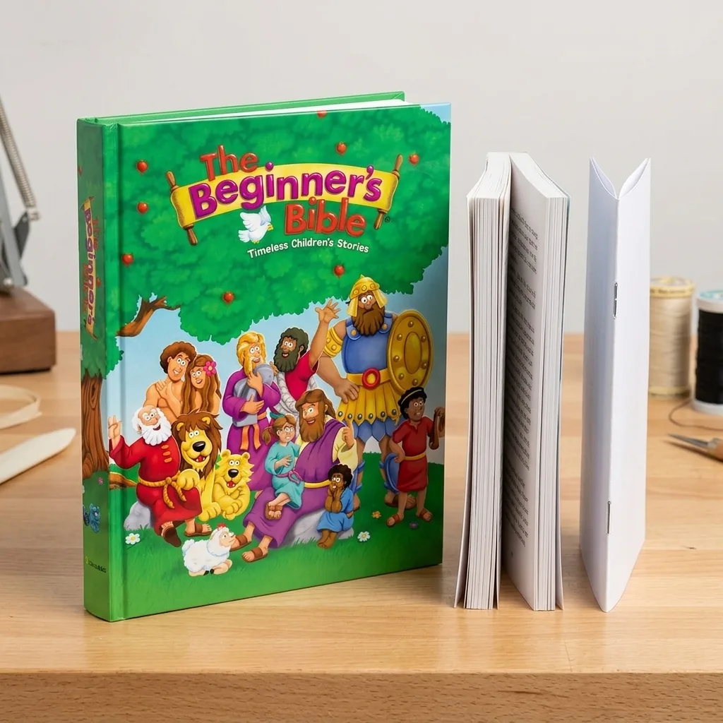 Hardcover children's Bible story book shown with paperback and saddle-stitched formats