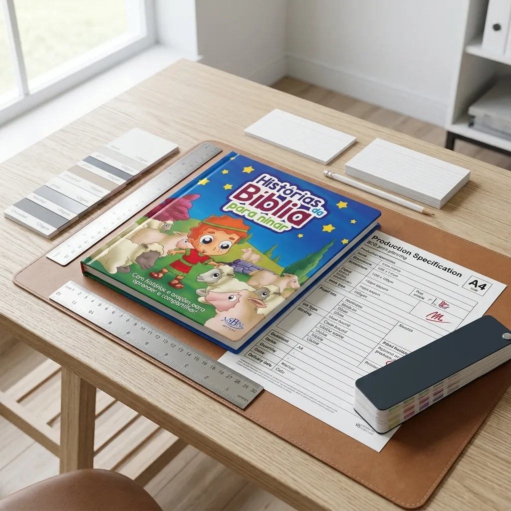 Children's Bible book with print specification tools on a production planning desk