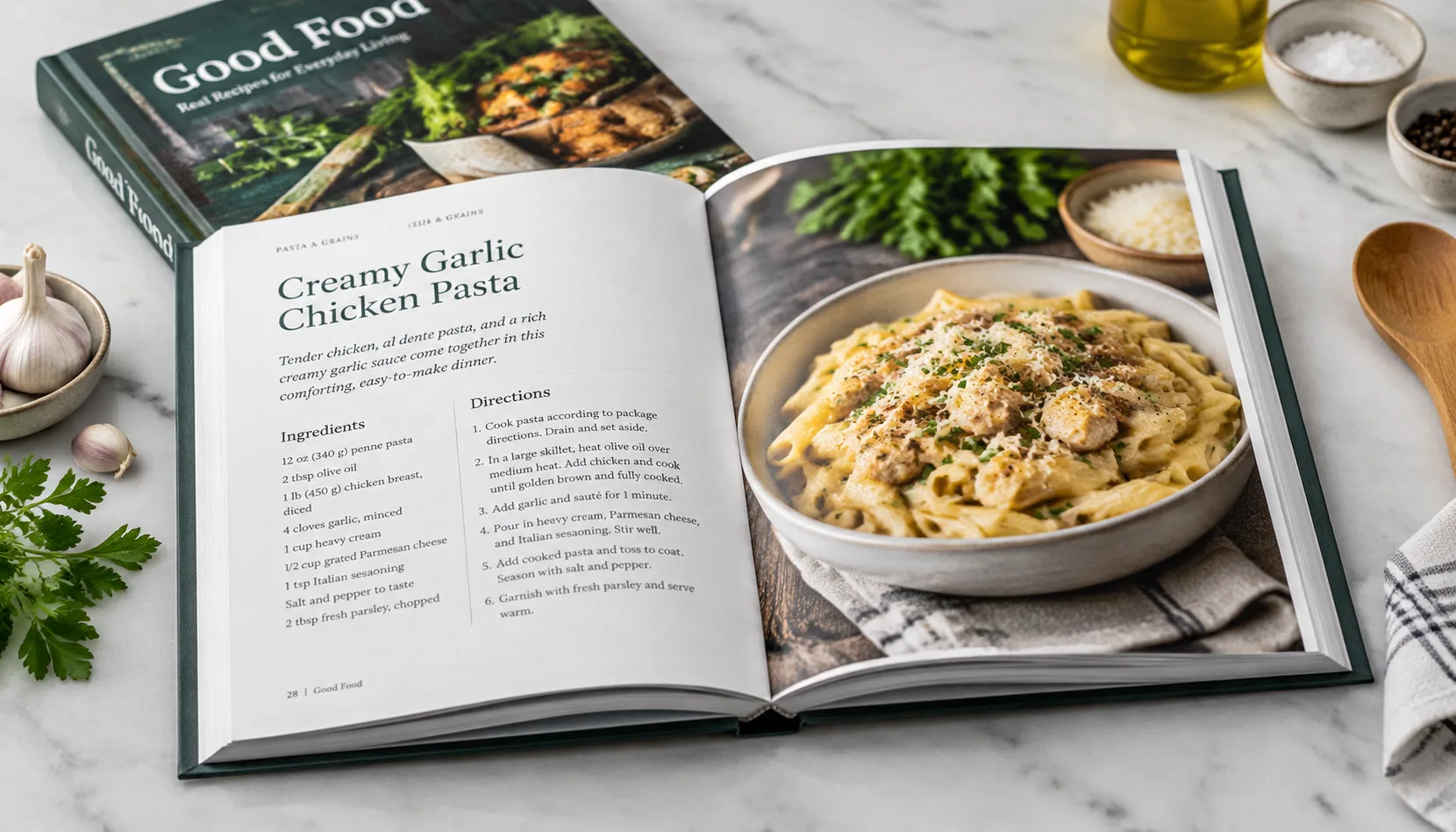 Open professionally printed cookbook showing recipe pages and food photography