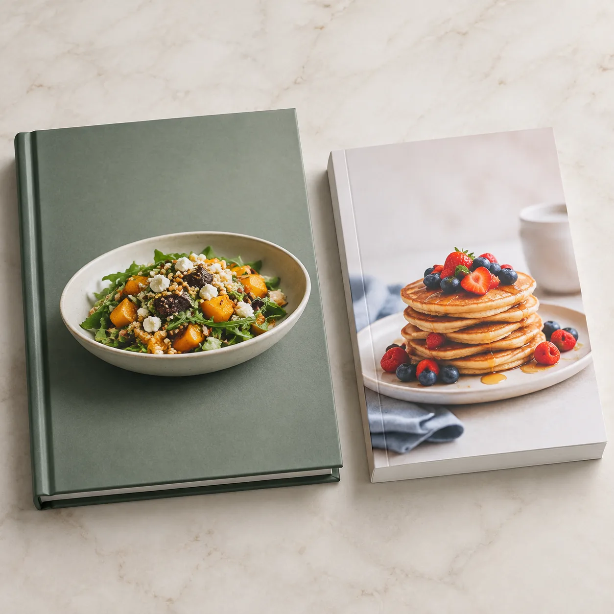 Hardcover and paperback cookbook covers with different finishes