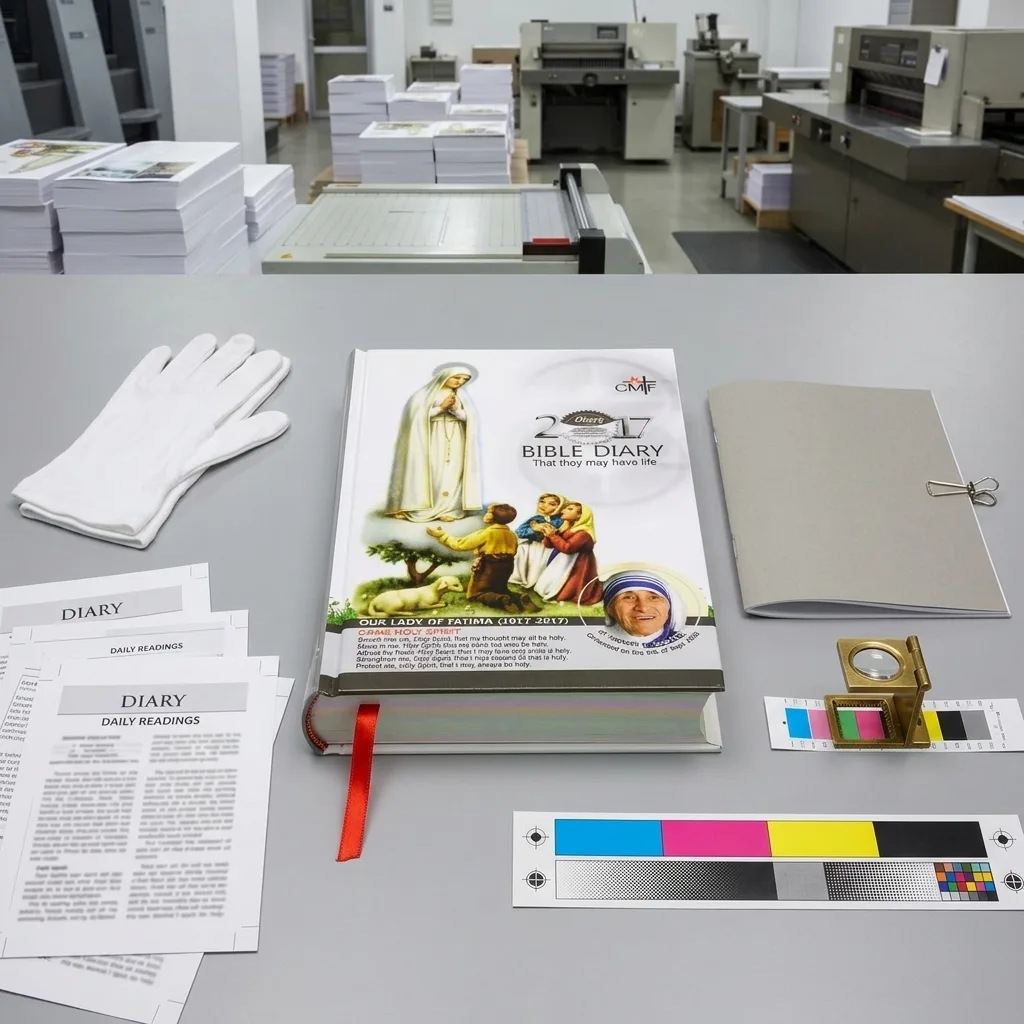 CMYK casebound Bible undergoing print and binding quality inspection