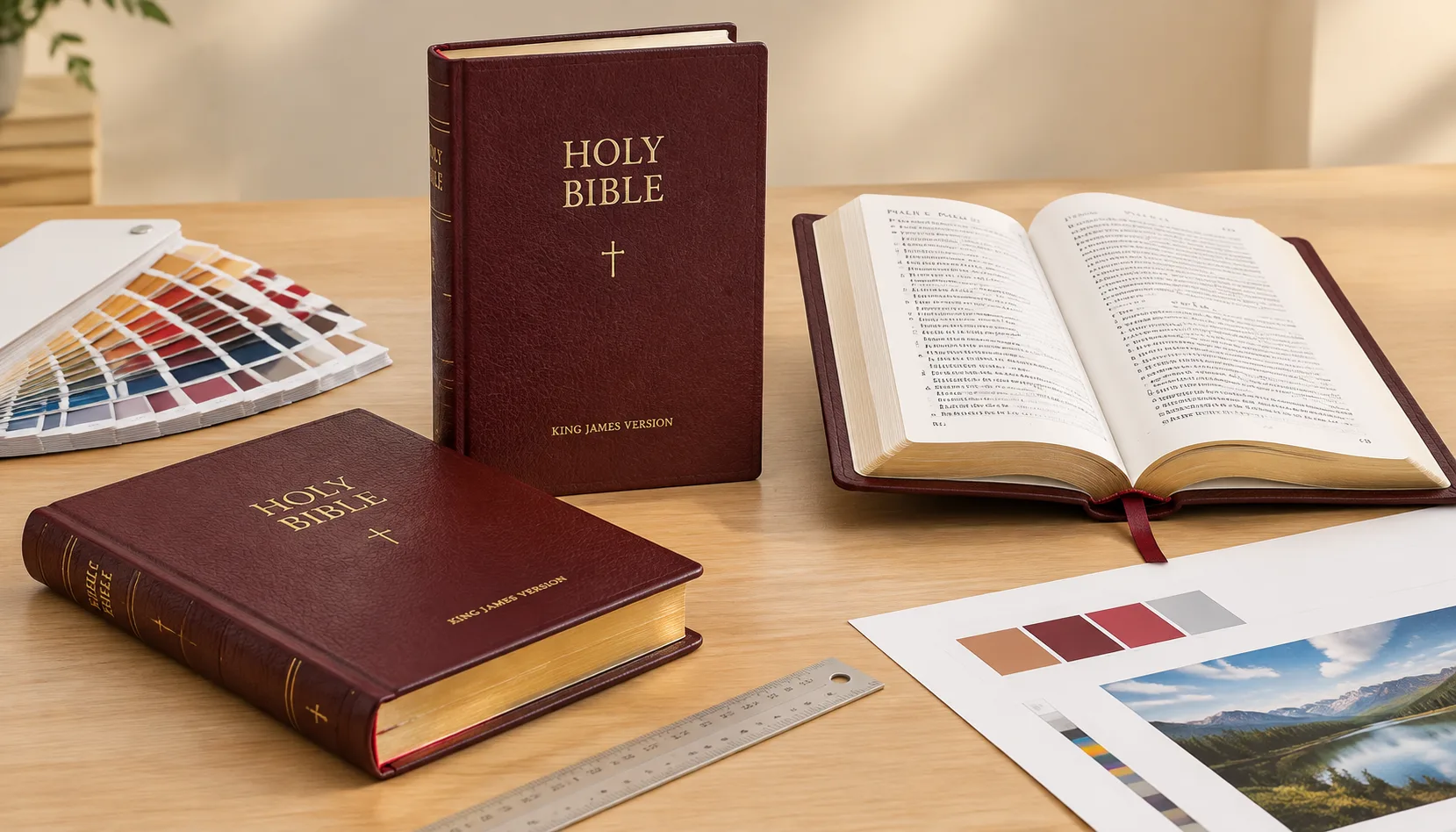 Three custom Bible formats arranged with paper samples for a printing specification review