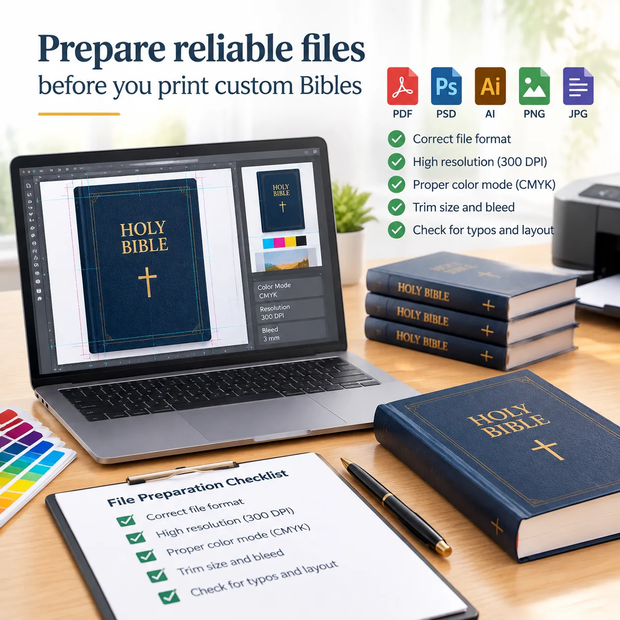 Prepare reliable files before you print custom Bibles