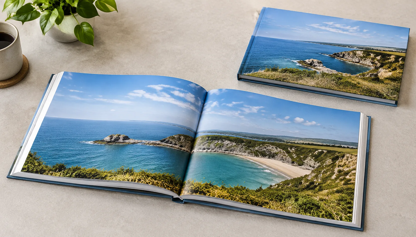 Open landscape photo book showing a panoramic image across two printed pages